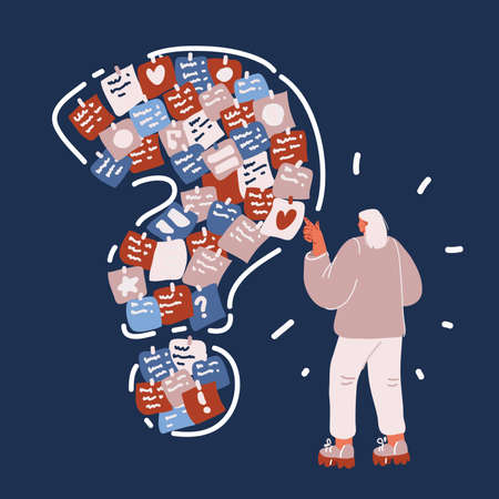 Cartoon vector illustration of woman with big question mark contains paper stickers over dark backgroundのイラスト素材