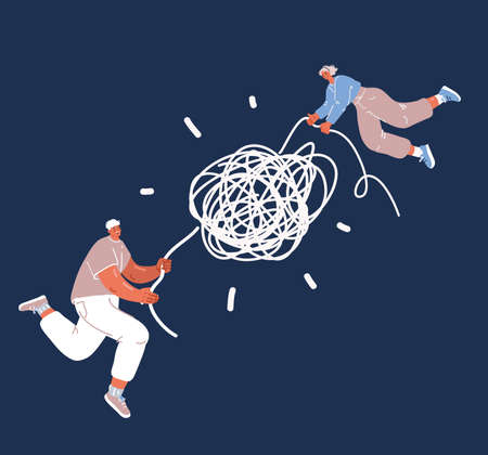 TwoCartoon vector illustration of people unwinding clew, man and woman solve business problem,...