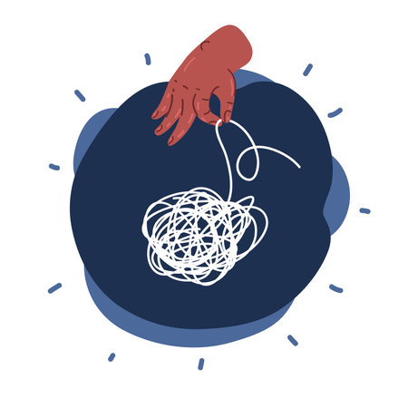 Cartoon vector illustration of Tangle and untangle, psychotherapy and psychology concept. Tangled Doodle. Problems solutionのイラスト素材