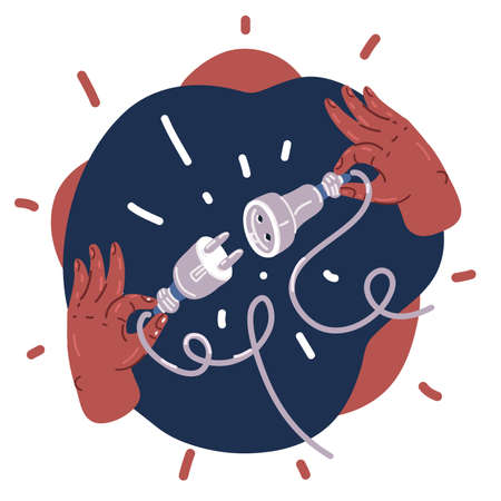 Cartoon vector illustration of Business connection concept. Businessman and businesswoman pull plug and socket towards each other. Idea of partnership and teamwork.のイラスト素材