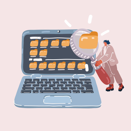Cartoon vector illustration of woman studying or entrepreneur working with a laptop. Searching process with laptopのイラスト素材