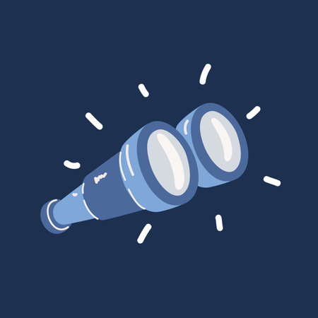 Cartoon vector illustration of binoculars. Journey, find and search concept over dark backgroundのイラスト素材