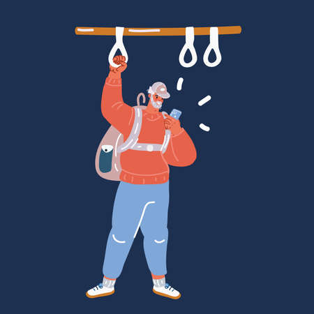 Cartoon vector illustration of Young man using a smartphone in a subway over dark backgroundのイラスト素材