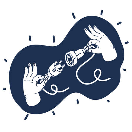 Cartoon vector illustration of Electric power plug holding in hand. Unplug, plugged. Connecting power plug over dark backgroundのイラスト素材