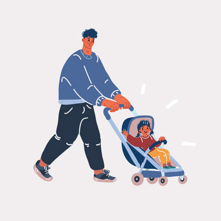 Cartoon vector illustration of man rolls a baby strollerのイラスト素材