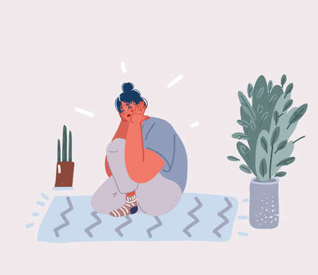 Cartoon vector illustration of a depressed woman is sitting on the floor in the living room.のイラスト素材