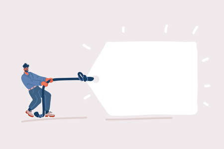 Cartoon vector illustration of man pulling a big white banner.のイラスト素材