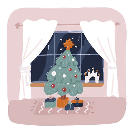 Cartoon vector illustration of Beautiful Christmas tree with a gold star and lightsのイラスト素材