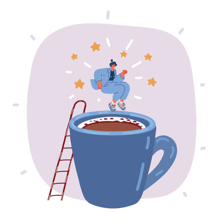 Cartoon vector illustration of Tired Exhausted Sleepy Woman Is Jumping Into A Big Cup Of Coffeeのイラスト素材