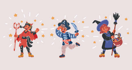 Cartoon vector illustration of little boy and girls celebrate halloween wear pirate costumeのイラスト素材