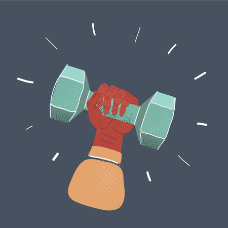 Cartoon vector illustration of female hands weights or dumb bells while exercising at a gym on dark.のイラスト素材