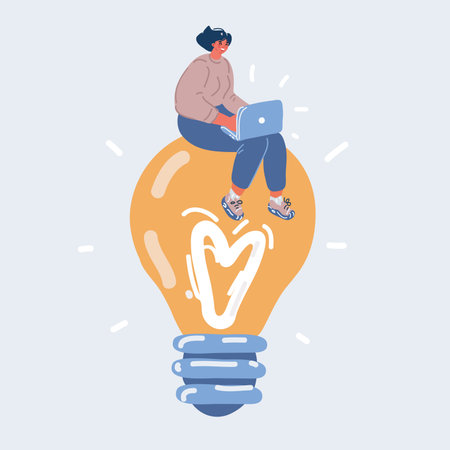Cartoon vector illustration of woman with laptop on lightbulbのイラスト素材