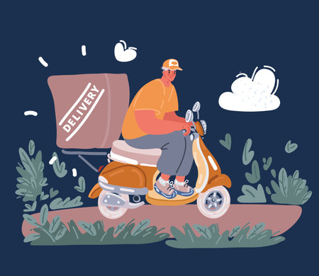 Cartoon vector illustration of man riding a scooter. Delivery concept over dark backgroundのイラスト素材
