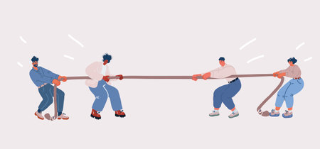 Cartoon vector illustration of people pulling a rope. Man and woman in team playing tug of warのイラスト素材
