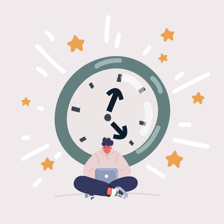 Cartoon vector illustration of man working from home. businessman sitting at desk and using laptop. Concept of time or project management.のイラスト素材