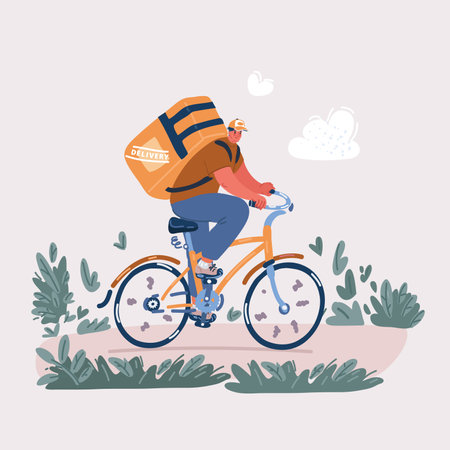 Cartoon vector illustration of Young courier, delivery man in uniform with thermo backpack on bike. Fast transport express home delivery. online order.のイラスト素材