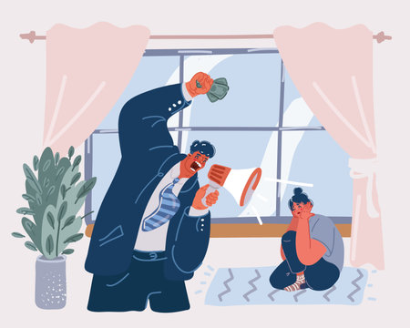 Cartoon vector illustration of Conflict and troubles in communication concept. Angry young man cartoon character with megaphone screaming at womanのイラスト素材