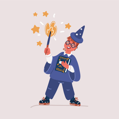 Cartoon vector illustration of little boy in magician costume with stars with magic wand. Kid in fancy wizard costume at carnivalのイラスト素材