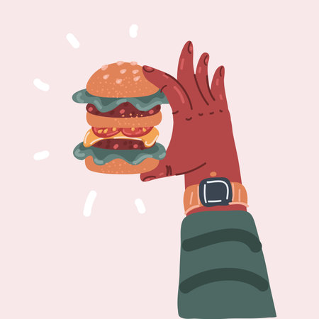 Cartoon vector illustration of hand with tasty burgerのイラスト素材
