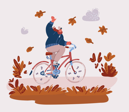 Cartoon vector illustration of man riding bicycle. Autumn weather and cold, Falling dry leaves. Man on bike with protective parasol in hands.のイラスト素材