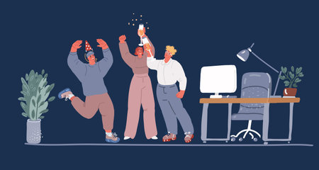 Cartoon vector illustration of Successful business team. A group of happy office workers celebrating the victory. People with their hands up and dring champagne over dark backgroundのイラスト素材
