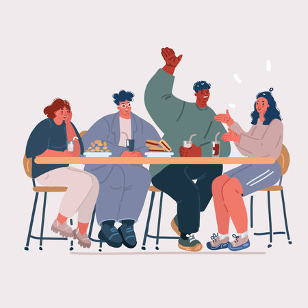 Cartoon vector illustration of Friends sitting in cafe. Talking to each other. get together. Coworkers concept.のイラスト素材