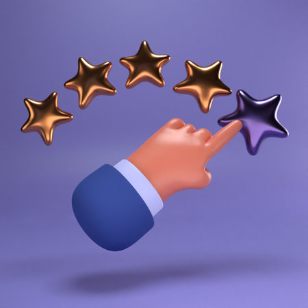 3d Feedback or rating concept banner point to yellow star. Sign of feedback or rating. good reviewの写真素材