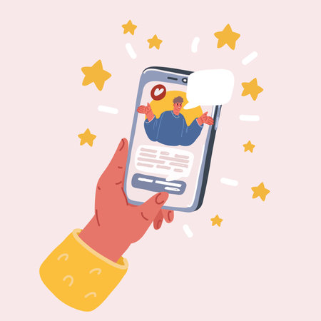 Cartoon vector illustration of hand holding smartphone with man on smartphoneのイラスト素材