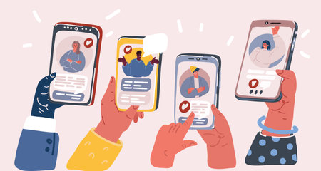 Cartoon vector illustration of Hands holding a mobile phone with applications on the screen. online...