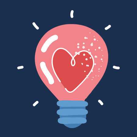 Cartoon vector illustration of lightbulb. Heart shaped light bulb in sketch style. heart beat line inside lightbulb over dark backgroundのイラスト素材