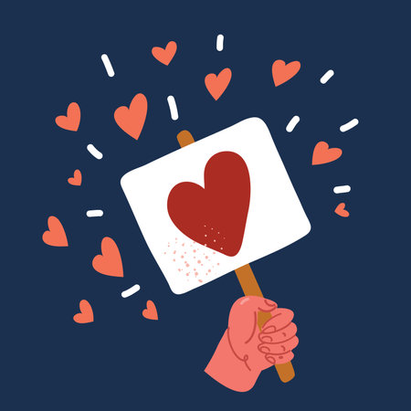 Cartoon vector illustration of hand holding placard with heart symbol on it over dark backroundのイラスト素材