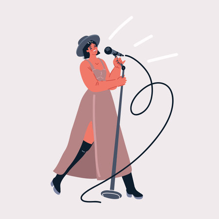 Vector illustration of Singer. Young woman holding microphone and singing. Standup showのイラスト素材