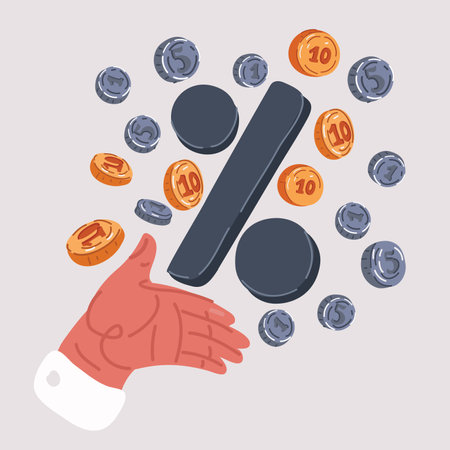 Vector illustraiton of Hand holding percentage sign among flying money coins. Advertising campaign of discounts. Financial interest concept or sale or incrase ofのイラスト素材