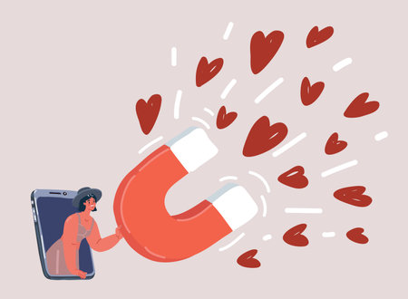 Vector illustraiton of woman attracting hearts with magnet. Love, romance, relationship. Character in smartphoneのイラスト素材
