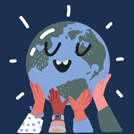 Cartoon vector illustration of Hands holding planet Earth over dark backgroundのイラスト素材