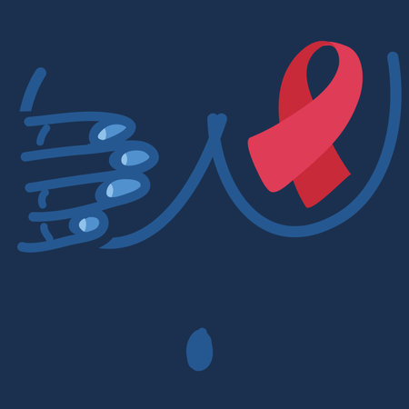 Cartoon vector illustration of breast cancer awareness month for disease prevention campaign and pink support ribbon symbol on chest concept. black woman over dark backgroundのイラスト素材