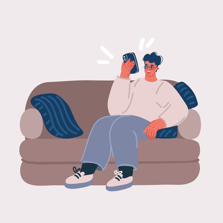 Cartoon vector illustration of Man sitting on the sofa. man using mobile phone.のイラスト素材