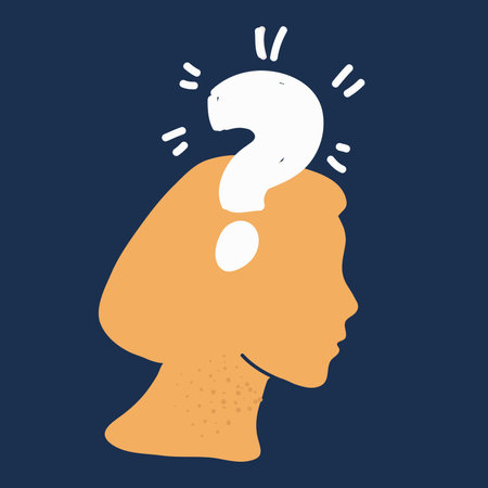 Cartoon vector illustration of question markinside the brain of a woman. female head over dark backgroundのイラスト素材