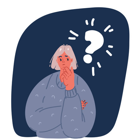 Cartoon vector illustration of Thinking girl. Beautiful face, doubts, problems, thoughts, emotions. Curious woman questioning, question mark.のイラスト素材