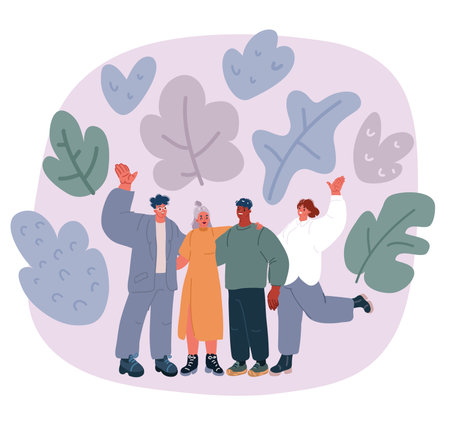 Vector illustration of Multicultural team. Unity in diversity. People of different nationalities and religions cartoon characters. Multinational society. Teamwork, cooperation, friendship concept.のイラスト素材