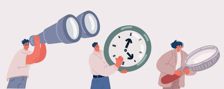 Vector illustration of Character of office team. People, men and women with binoculars, clock, magnifying glassのイラスト素材