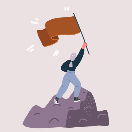 Cartoon vector illustration of woman holding flag on the top of the mountain. business sales growth successのイラスト素材