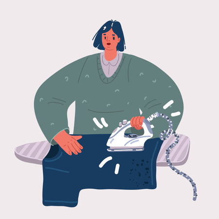 Cartoon vector illustration of Young cheerful housekeeper, mother, woman. Lady ironing clothes.のイラスト素材