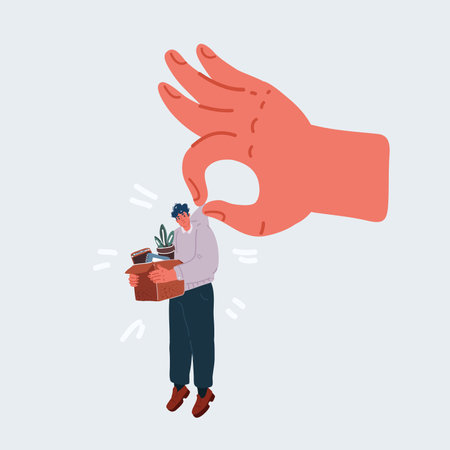 Cartoon vector illustration of Dismissal employee. Fired sad male office worker carrying box, Unemployment and Jobless concept. big hand hold pitfull manのイラスト素材
