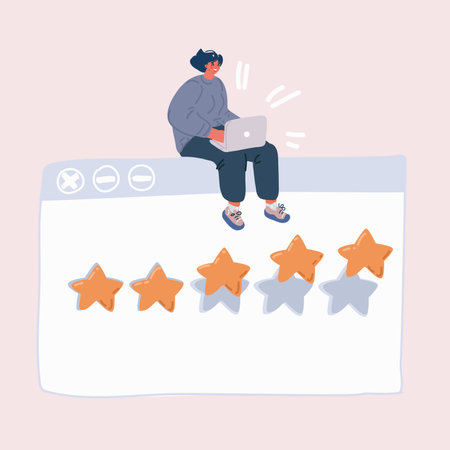 Cartoon vector illustration of woman with laptop are giving review rating and feedback. customer choice. Rank stars feedback in browser windowsのイラスト素材