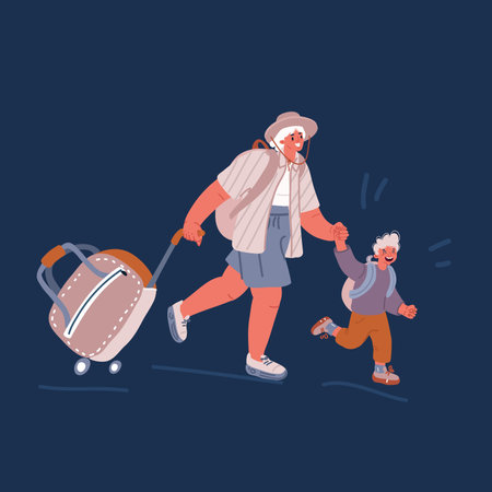 Vector cartoon illustration of tourist family. Mother with son traveling with travel bag backpack and map, going on vacation trip. Travelers portrait collection .Travel and tourism concept.のイラスト素材