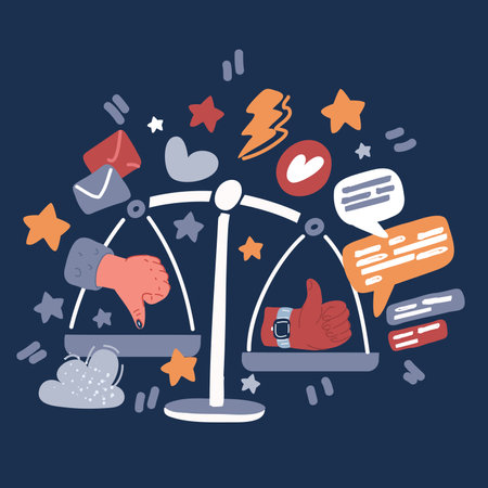 Vector cartoon illustration of positive and negative voices on the scales over dark backgroundのイラスト素材