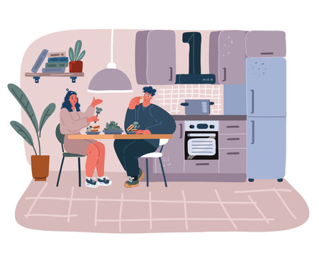 Cartoon vector illustration of Couple having breakfast or lunch at home. Young people eating food and surfing the internet on mobile phone in modern kitchen.のイラスト素材