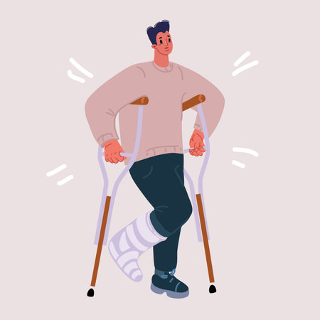 Cartoon vector illustration of Man walking with broken leg in cast with crutches. Rehabilitation and treatment after an accident.のイラスト素材