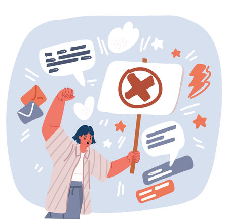 Cartoon vector illustration of Women protesting with banner in her handのイラスト素材